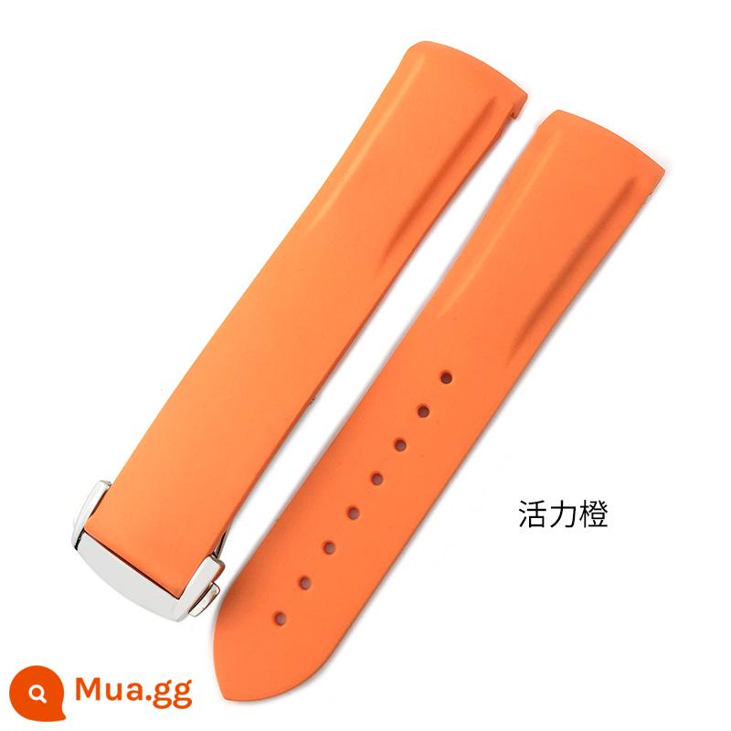 YGB Ban Đầu Cong Silicone Fluorine Dây Đeo Cao Su Thích Hợp Cho Omega Mới Seamaster 300 Speedmaster Seiko Hamilton - Khóa bạc màu cam rực rỡ