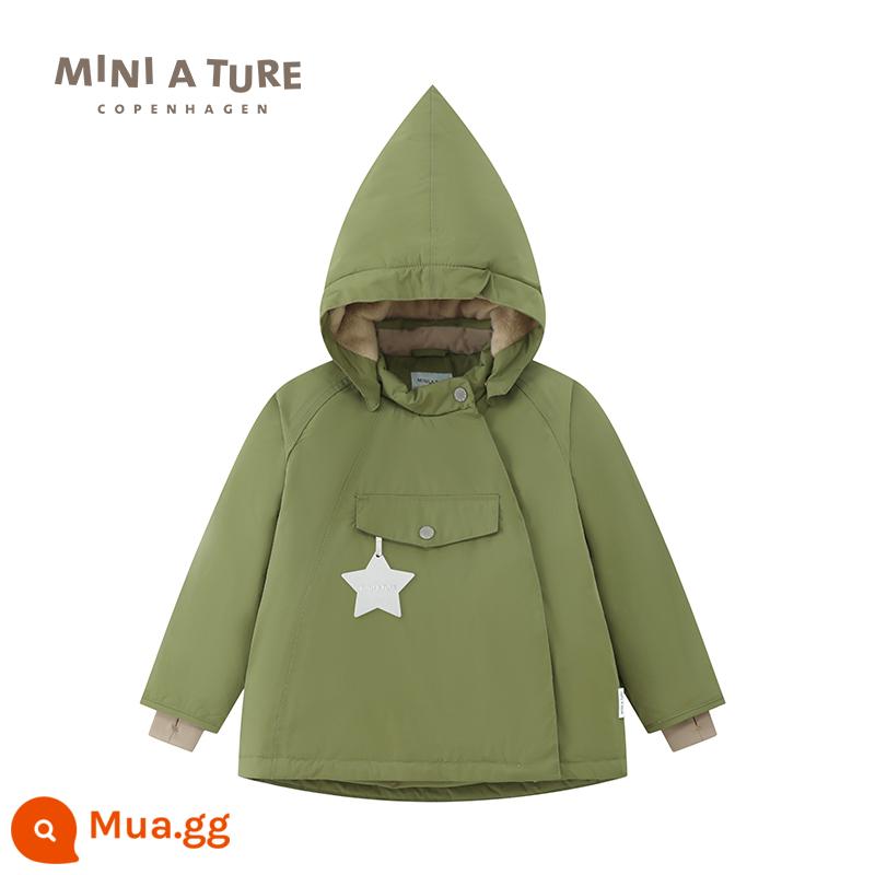 Quần áo trẻ em thu nhỏ của Đan Mạch 23 mùa đông mới áo khoác nhung dày cotton chống nước cho nam và nữ dành cho trẻ nhỏ và vừa - Màu xanh rêu (không có cổ lông)