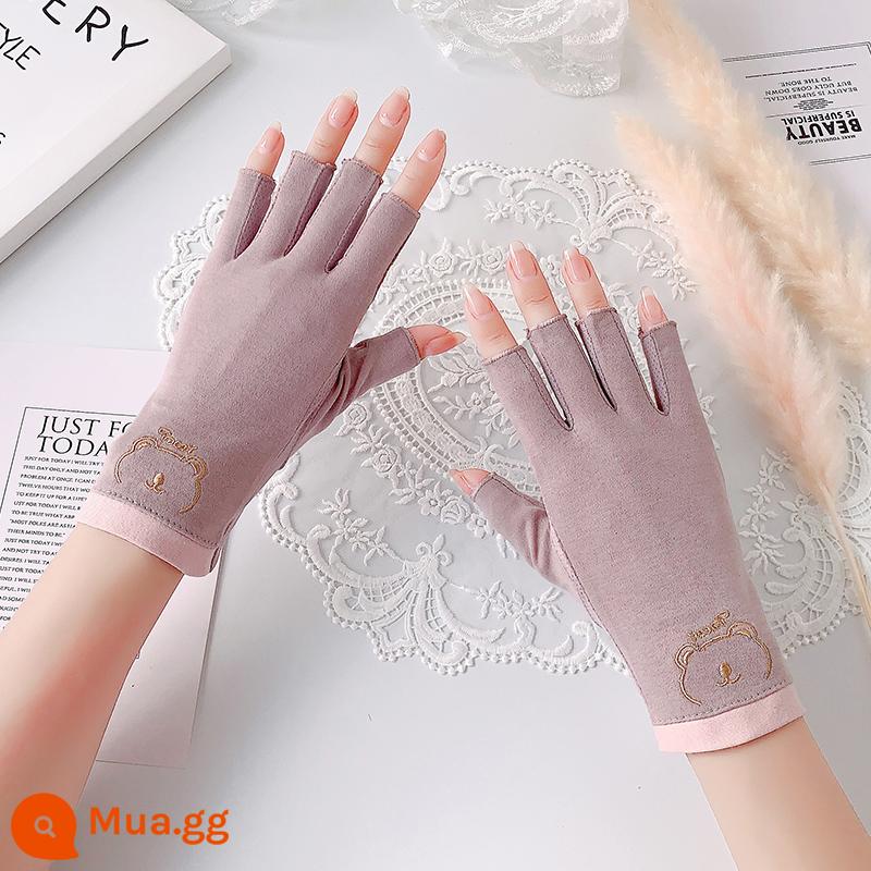 Găng tay làm móng chống tia cực tím chống nắng nửa ngón cotton mỏng chống đen cho nữ mùa hè lái xe và cưỡi ngựa chống trơn trượt ngón tay thoáng khí - Gấu Nửa Ngón Tay-Tím