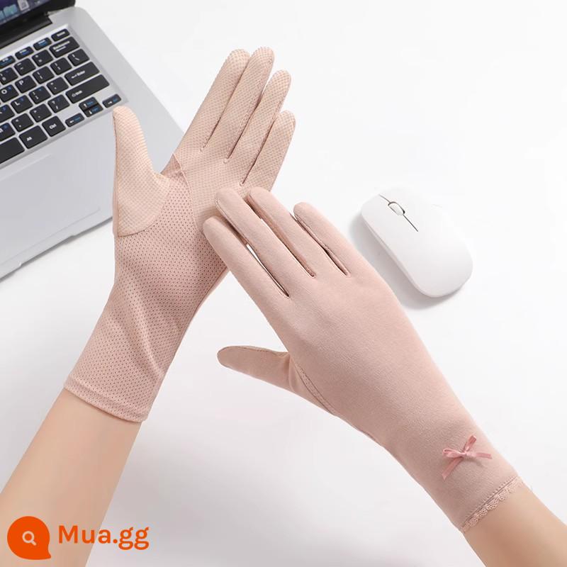 Găng tay chống nắng chống tia cực tím cho nữ phần mỏng mùa hè lái xe và cưỡi ngựa cotton thoáng khí chống trượt màn hình cảm ứng bảo vệ tay găng tay trắng - Nơ ren-dài vừa phải-da hồng