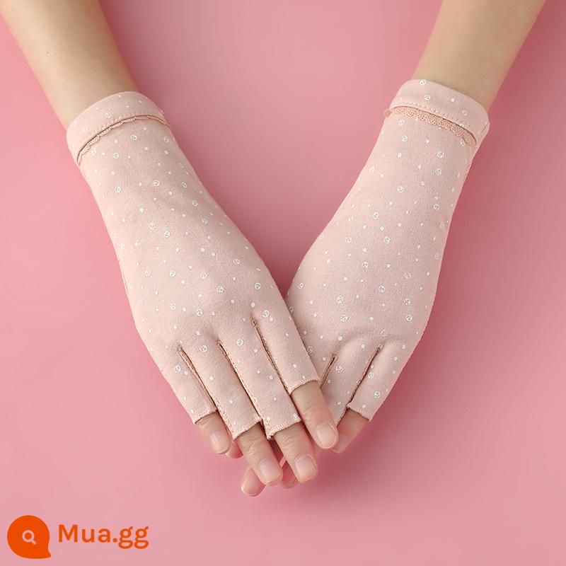 Găng tay làm móng chống tia cực tím chống nắng nửa ngón cotton mỏng chống đen cho nữ mùa hè lái xe và cưỡi ngựa chống trơn trượt ngón tay thoáng khí - Hoa giáo tròn nửa ngón tay màu hồng nhạt