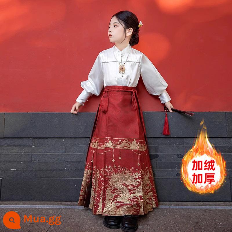 Váy mặt ngựa trẻ em, phong cách thu đông, Hanfu bé gái, bộ đồ mùa đông, bộ đồ chúc mừng năm mới cao cấp phong cách dân tộc, bộ đồ năm mới cho bé gái - Áo tay phồng dày màu trắng + Váy ngựa Long Yuan đỏ