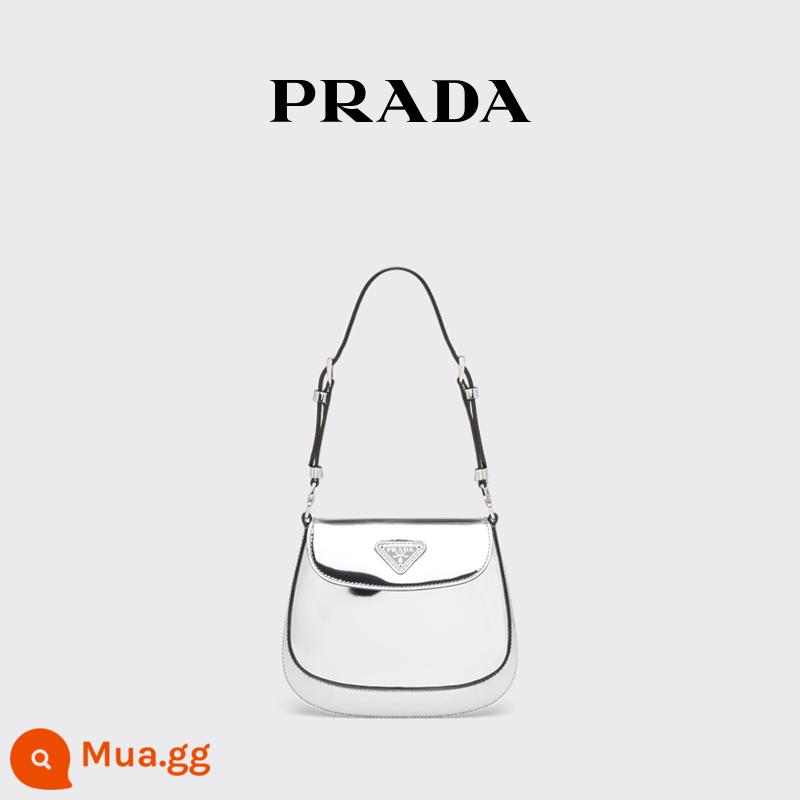 【Quà tặng năm mới】Túi đeo vai nhỏ có nắp gập bằng da sáng bóng của Prada/Prada Ladies Cleo - bạc