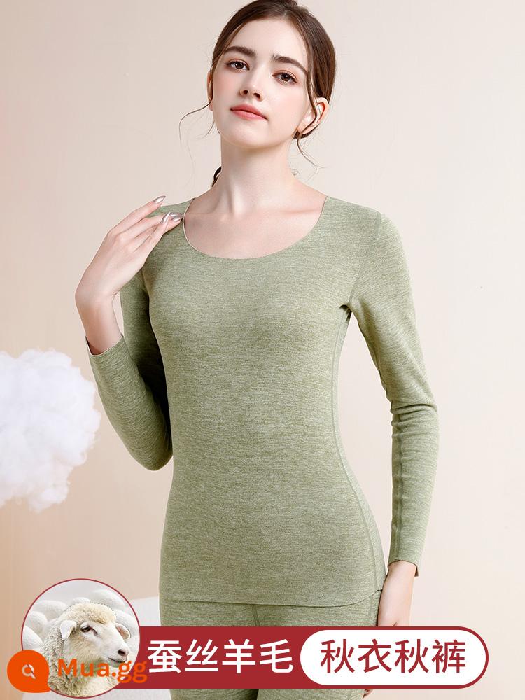 De nhung sưởi ấm quần áo của phụ nữ dày cộng với nhung liền mạch cashmere tự sưởi ấm quần áo mùa thu vệ sinh quần phù hợp với cotton đáy áo sơ mi mùa đông - Bộ đồ lụa và cashmere màu xanh ô liu