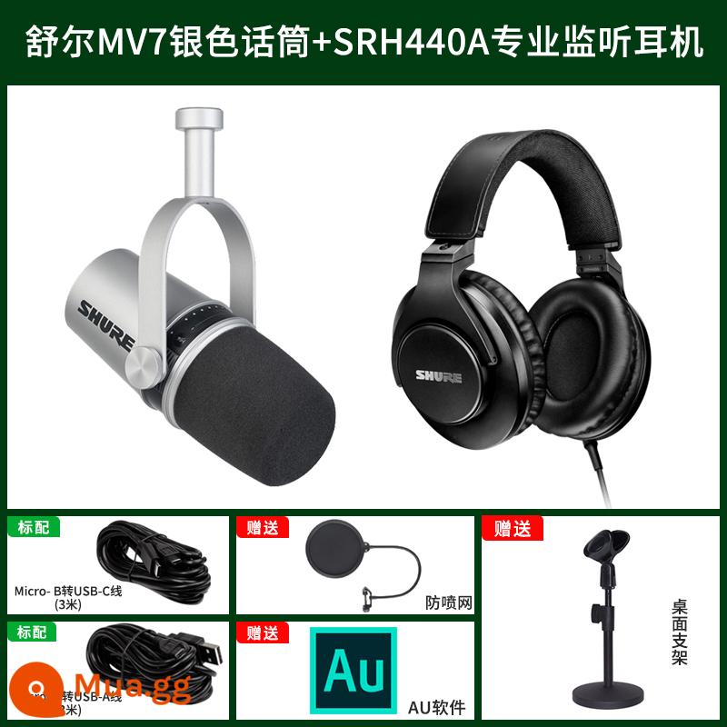 Shure Shure MV7 micro neo chuyên nghiệp máy tính bảng ghi âm trực tiếp lồng tiếng micro động USB - Gói tai nghe giám sát chuyên nghiệp MV7 Silver + SRH440A