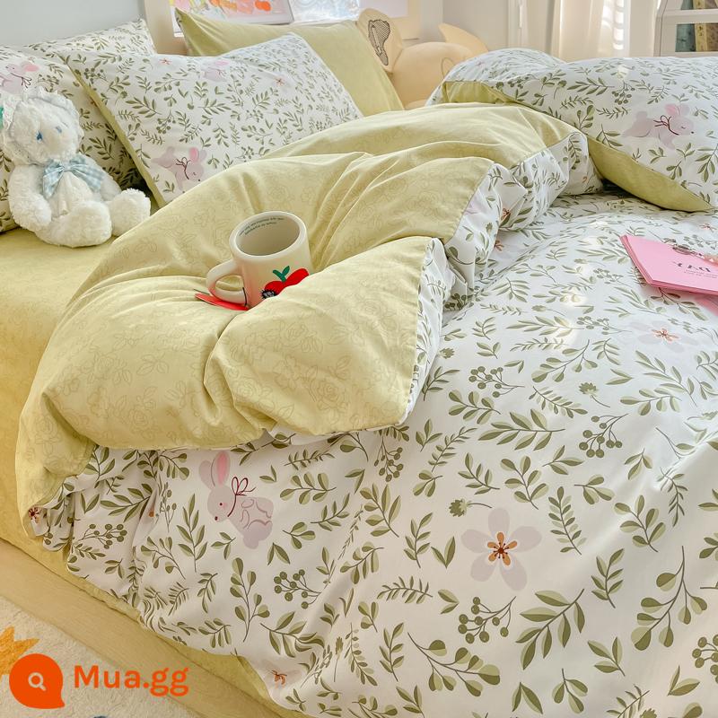 Jie Liya mùa xuân cotton nguyên chất 4 mảnh 100 cotton chăn ga trải giường ins đơn ký túc xá giường 3 mảnh bộ - Vanilla Rabbit [100% cotton chải kỹ, không co rút, không phai màu]