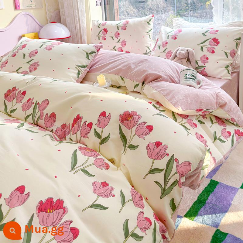 Jie Liya mùa xuân cotton nguyên chất 4 mảnh 100 cotton chăn ga trải giường ins đơn ký túc xá giường 3 mảnh bộ - Xin Ran Hua Kai [100% cotton chải kỹ, không co rút, không phai màu]