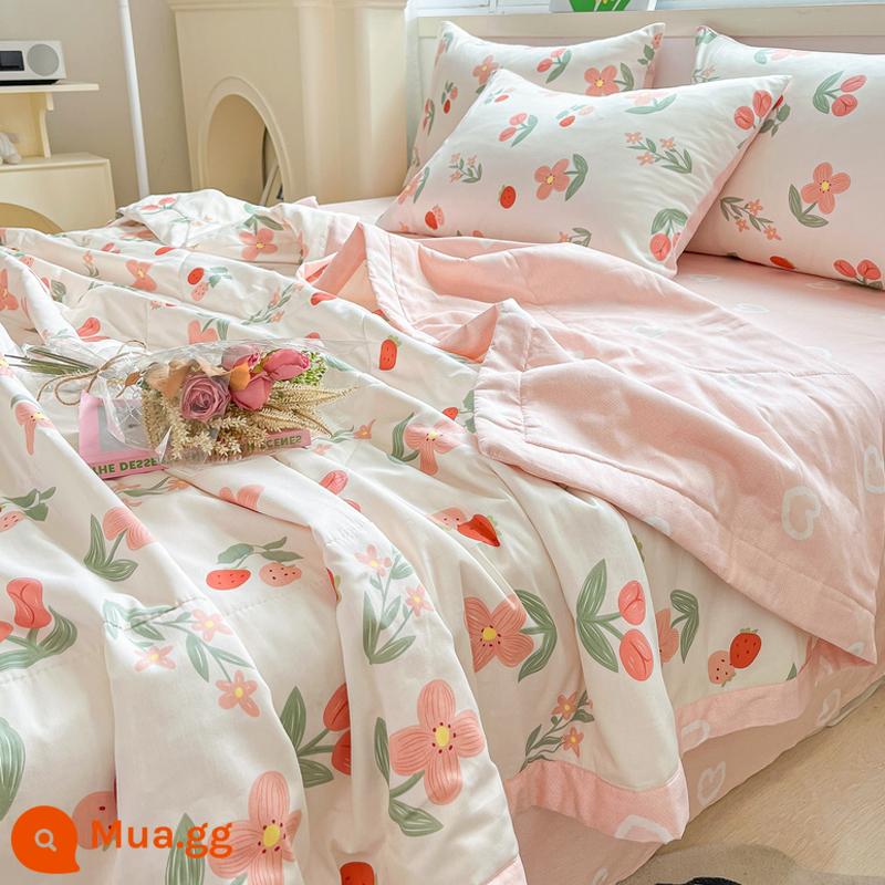 Jie Liya Tân Cương cotton nguyên chất chăn bông mùa hè mát mẻ cotton nguyên chất chăn bông điều hòa mùa hè chăn mùa hè chăn mỏng lõi chăn có thể giặt bằng máy - màu hồng