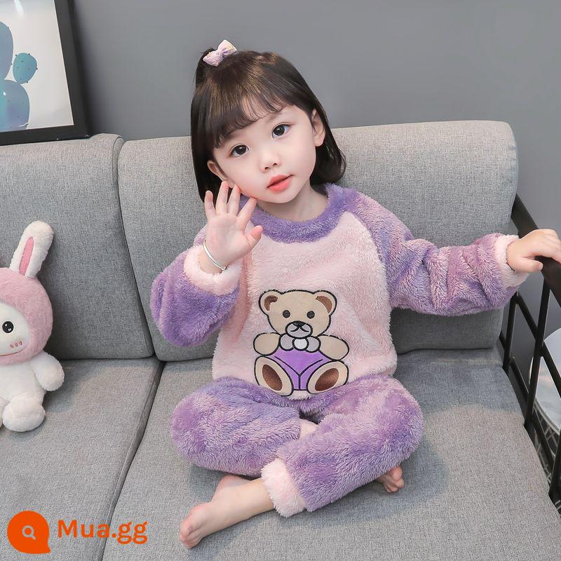 Bộ đồ ngủ bé gái mùa thu đông dày ấm flannel nhà bộ quần áo trẻ em bé gái công chúa bé san hô trang - Bộ đồ ngủ gấu tím