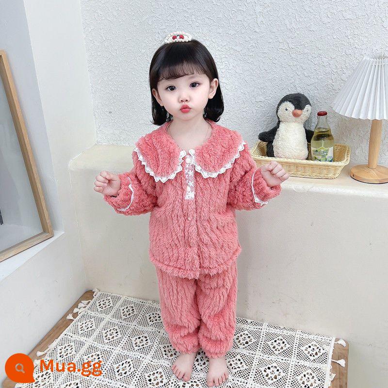 Bộ đồ ngủ bé gái mùa thu đông dày ấm flannel nhà bộ quần áo trẻ em bé gái công chúa bé san hô trang - Bộ đồ ngủ ren màu đỏ gạch