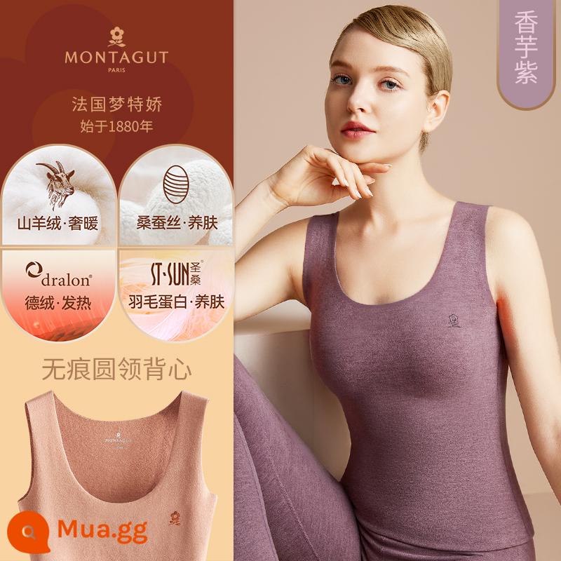 Montagut Lụa De Nhung Không Dấu Vết Ấm Áo Nam Trang Quần Lót Cashmere Sốt Mặc Bên Trong Áo Vest Cao Cấp Mùa Đông - Nữ [Lụa Cashmere x Nhung Đức x Feather Protein] Cổ Tròn - Tím Khoai Môn