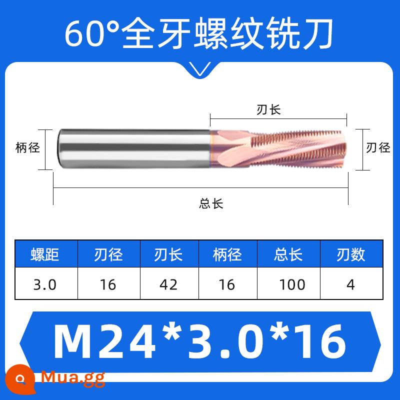 Dao phay ren 60 độ một răng ba răng đầy đủ M1-M24 thép hợp kim vonfram dao răng hệ mét có thể được tùy chỉnh - Màu kaki đậm M24*3*D16 (tất cả)