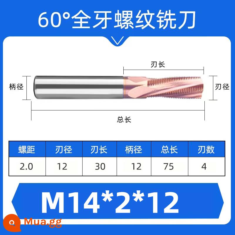 Dao phay ren 60 độ một răng ba răng đầy đủ M1-M24 thép hợp kim vonfram dao răng hệ mét có thể được tùy chỉnh - M14*2*12(tất cả)