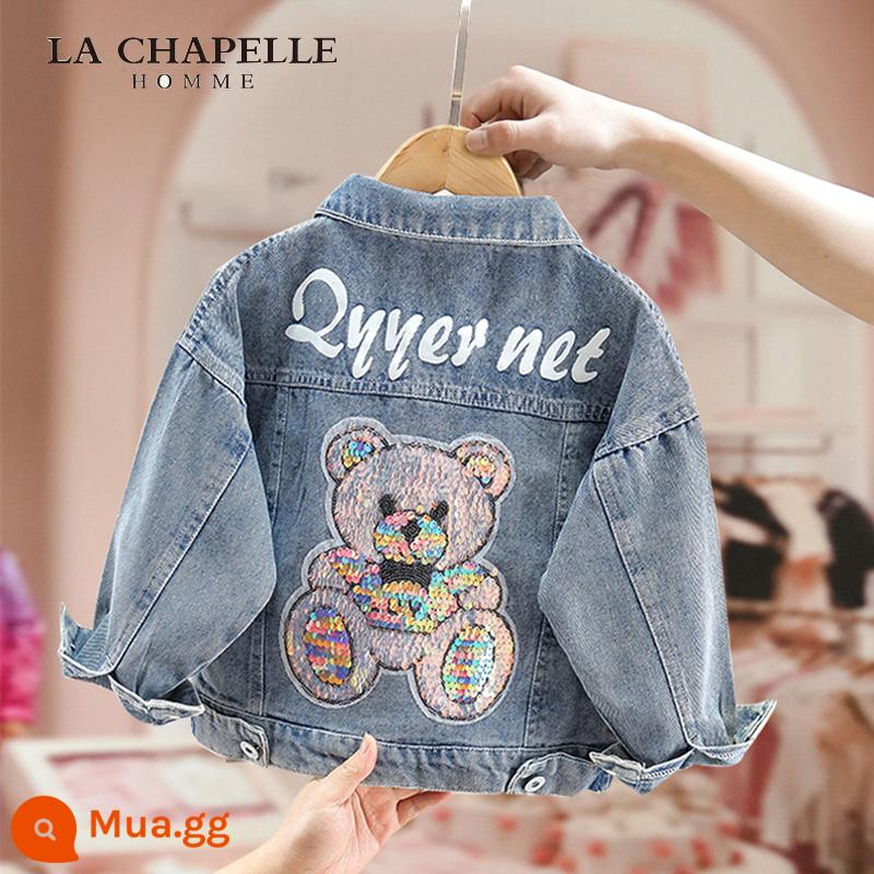 Áo khoác denim bé gái quần áo xuân thu 2023 phiên bản Hàn Quốc mới dành cho trẻ em trung niên trở lên áo khoác lưới chiên đường phố màu đỏ phong cách nước ngoài - màu xanh (gấu sequin)