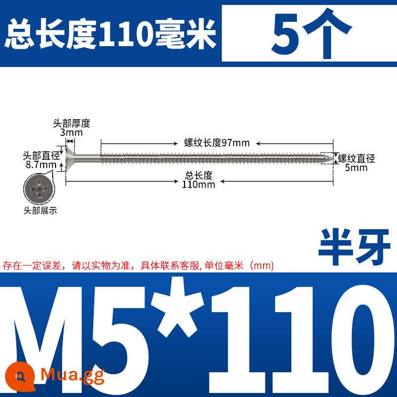 Thép không gỉ 304 dài thêm đầu chìm Vít tự tháo mở rộng đầu phẳng chéo vít gỗ M3M4M5-M8 * 200 - Nửa răng M5*110 (5 cái)