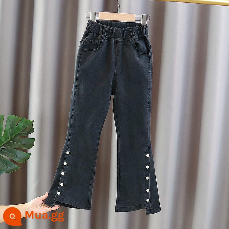 Quần nỉ bé gái quần ống loe denim thu đông 2022 quần ống loe siêu nhỏ phong cách nước ngoài cho trẻ em trung và lớn mới - Công chúa Yunluo & Quần jean đính ngọc trai đen xám xuân thu