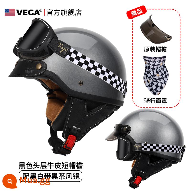 Mỹ VEGA Retro Đầu Máy Đầu Máy Mũ Nam Nữ Nhật Bản Harley Mũ Bảo Hiểm Nửa Mùa Đông 4 Xe Ô Tô Điện Muỗng Mũ Bảo Hiểm - Honda Grey (đi kèm kính trà đen kẻ sọc + vành mũ da đen)