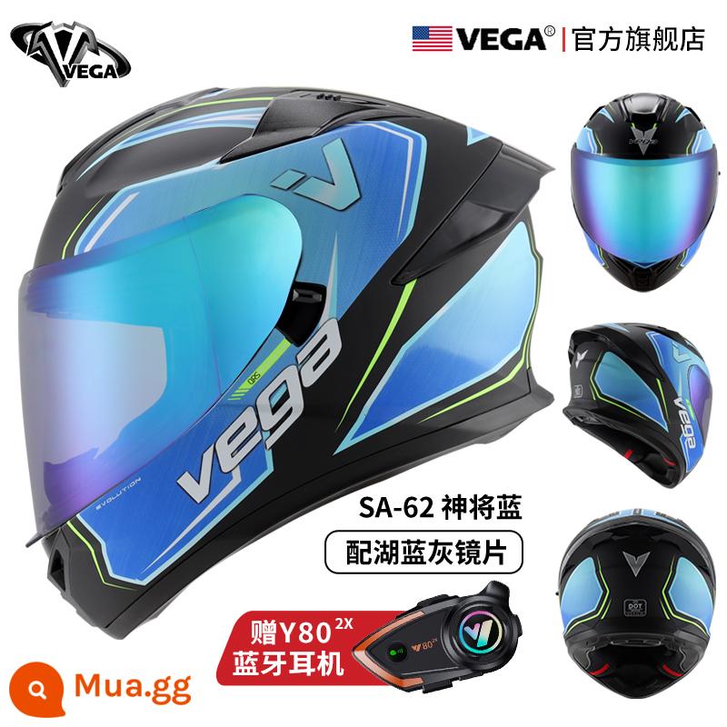 Mỹ VEGA Xe Máy Nam Nữ Sợi Carbon Đuôi Lớn Mùa Đông Chống Sương Mù Xe Máy Mũ Bảo Hiểm Full Bluetooth Cá Tính thoáng Mát Chạy Bộ - Màu xanh thần thánh phối xanh hồ xám (tặng kèm tai nghe bluetooth)