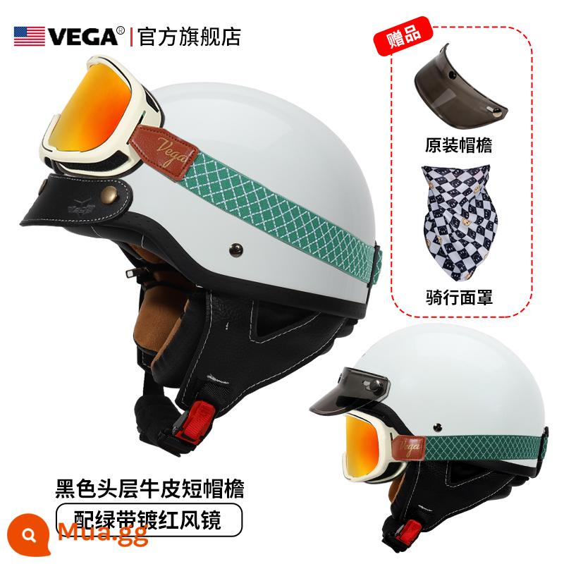 Mỹ VEGA Retro Đầu Máy Đầu Máy Mũ Nam Nữ Nhật Bản Harley Mũ Bảo Hiểm Nửa Mùa Đông 4 Xe Ô Tô Điện Muỗng Mũ Bảo Hiểm - Trắng ngọc trai (kèm kính xanh viền đỏ + vành mũ da đen)