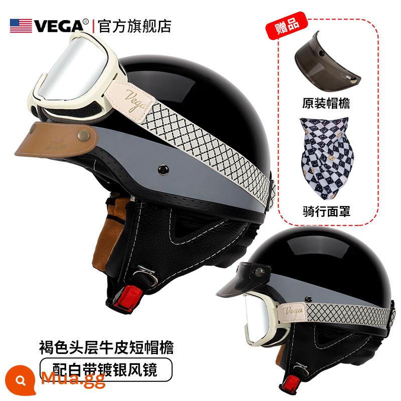 Mỹ VEGA Retro Đầu Máy Đầu Máy Mũ Nam Nữ Nhật Bản Harley Mũ Bảo Hiểm Nửa Mùa Đông 4 Xe Ô Tô Điện Muỗng Mũ Bảo Hiểm - Weiss Yuan Black (đi kèm thắt lưng trắng, kính mạ bạc + vành mũ da kaki)