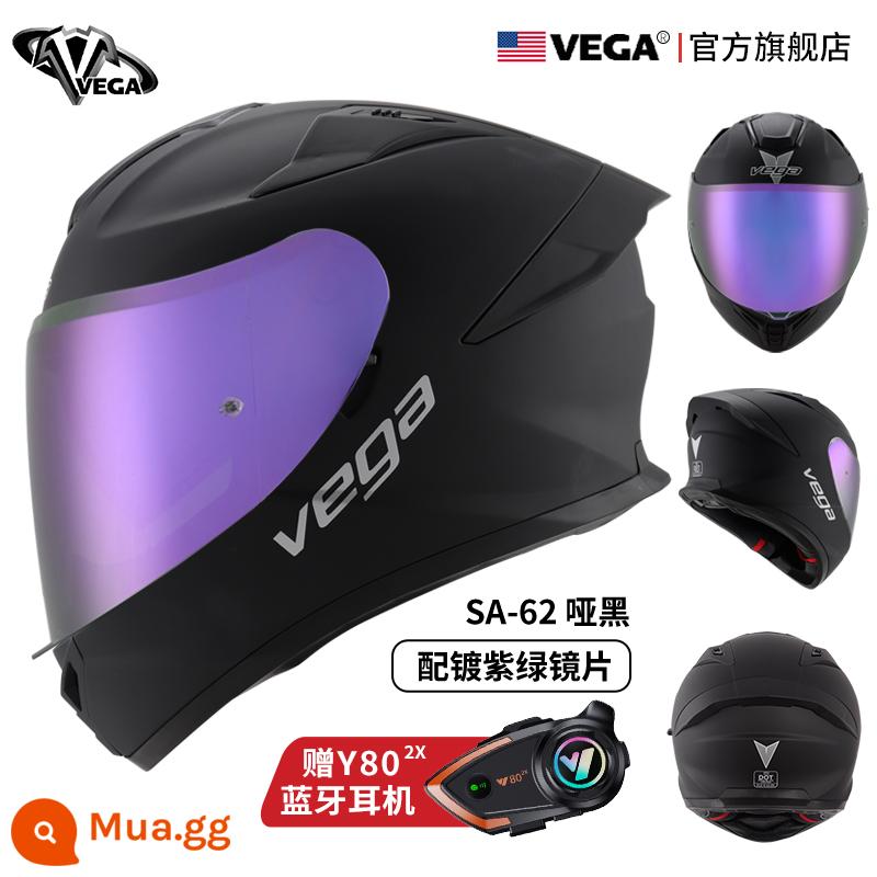 Mỹ VEGA Xe Máy Nam Nữ Sợi Carbon Đuôi Lớn Mùa Đông Chống Sương Mù Xe Máy Mũ Bảo Hiểm Full Bluetooth Cá Tính thoáng Mát Chạy Bộ - Màu đen mờ phủ xanh tím (tặng kèm tai nghe Bluetooth)