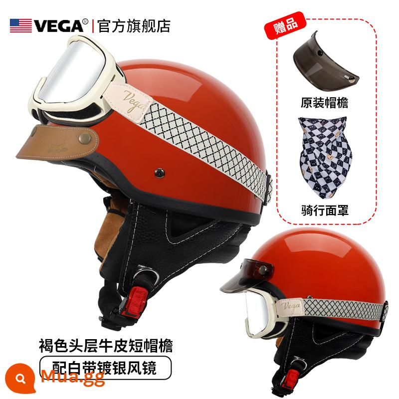 Mỹ VEGA Retro Đầu Máy Đầu Máy Mũ Nam Nữ Nhật Bản Harley Mũ Bảo Hiểm Nửa Mùa Đông 4 Xe Ô Tô Điện Muỗng Mũ Bảo Hiểm - Cam (gửi kính trắng thắt lưng mạ bạc + vành mũ da kaki)