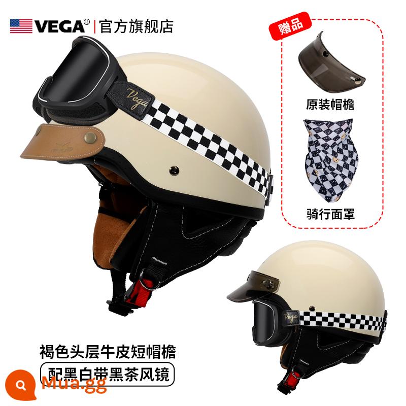 Mỹ VEGA Retro Đầu Máy Đầu Máy Mũ Nam Nữ Nhật Bản Harley Mũ Bảo Hiểm Nửa Mùa Đông 4 Xe Ô Tô Điện Muỗng Mũ Bảo Hiểm - Màu trắng nhạt (đi kèm kính trà đen kẻ sọc + vành mũ da kaki)