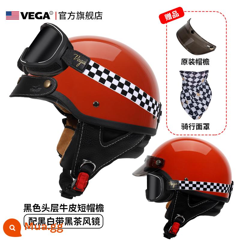 Mỹ VEGA Retro Đầu Máy Đầu Máy Mũ Nam Nữ Nhật Bản Harley Mũ Bảo Hiểm Nửa Mùa Đông 4 Xe Ô Tô Điện Muỗng Mũ Bảo Hiểm - Cam (kèm kính trà đen kẻ sọc + vành mũ da đen)