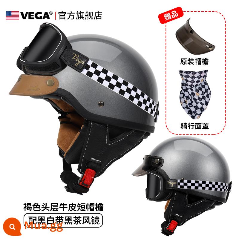 Mỹ VEGA Retro Đầu Máy Đầu Máy Mũ Nam Nữ Nhật Bản Harley Mũ Bảo Hiểm Nửa Mùa Đông 4 Xe Ô Tô Điện Muỗng Mũ Bảo Hiểm - Honda Grey (đi kèm kính trà đen kẻ sọc + vành mũ da kaki)