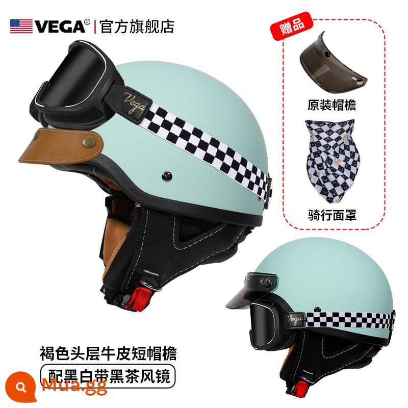 Mỹ VEGA Retro Đầu Máy Đầu Máy Mũ Nam Nữ Nhật Bản Harley Mũ Bảo Hiểm Nửa Mùa Đông 4 Xe Ô Tô Điện Muỗng Mũ Bảo Hiểm - Màu xanh hồng nhạt (kèm kính trà đen kẻ sọc + vành mũ da kaki)