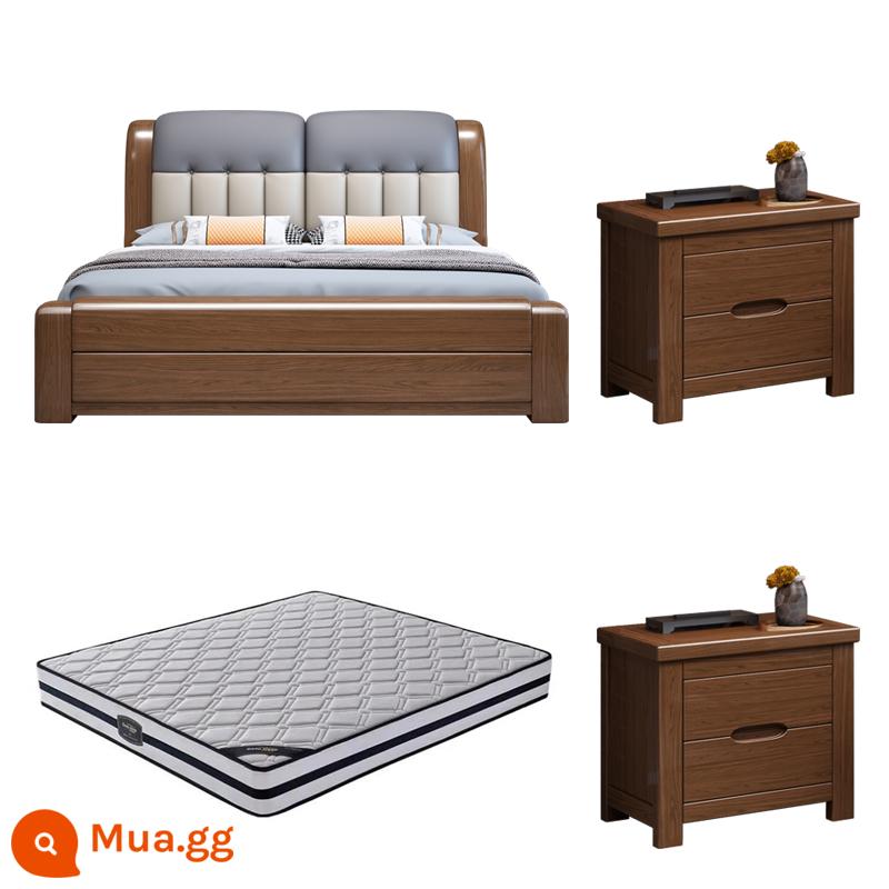 Walnut Solid Wood Bed 1.8 -Meter Double Bed Modern Modern Minorist 1.5 -Meter Túi mềm Master Phòng ngủ Hộp cao Bed Bed Wedding - Giường óc chó + 2 tủ + nệm lò xo cao su