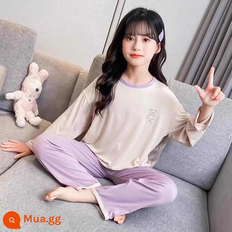 Bộ đồ ngủ bé gái mùa xuân và mùa thu cotton nguyên chất dài tay 2023 quần áo mặc ở nhà mới cho trẻ em internet người nổi tiếng trẻ em lớn bé gái một bộ đồ mùa đông - Bộ đồ màu tím mơ