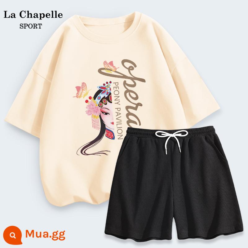 Bộ đồ thể thao La Chapelle nữ mùa hè rộng rãi sinh viên cotton áo thun ngắn tay bánh quế quần đùi hai mảnh mùa hè X - Màu trắng sữa (Yingying) + đen (trống)