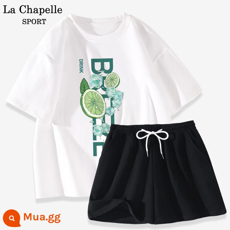 Bộ đồ thể thao La Chapelle nữ 2023 cotton mùa hè mới quần đùi ngắn tay giản dị bộ đồ hai mảnh giảm tuổi X - Trắng (mùa hè mát mẻ) + đen (trống)