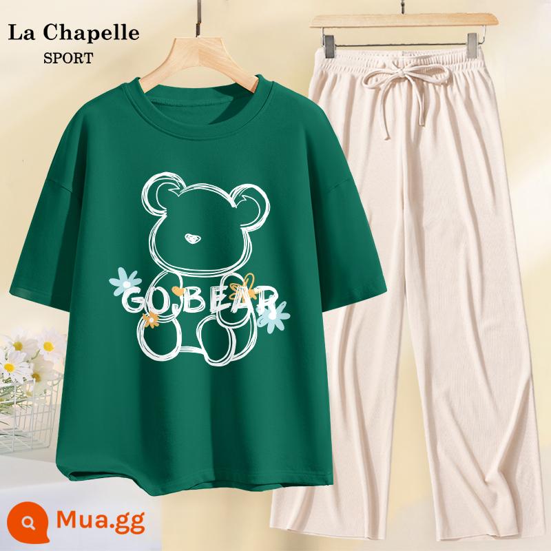 Bộ đồ thể thao nữ mùa hè 2023 áo thun cotton ngắn tay lụa băng quần ống rộng thường ngày 2 mảnh mùa hè X - Xanh đậm (hoa gấu) + quần mai (màu trơn)