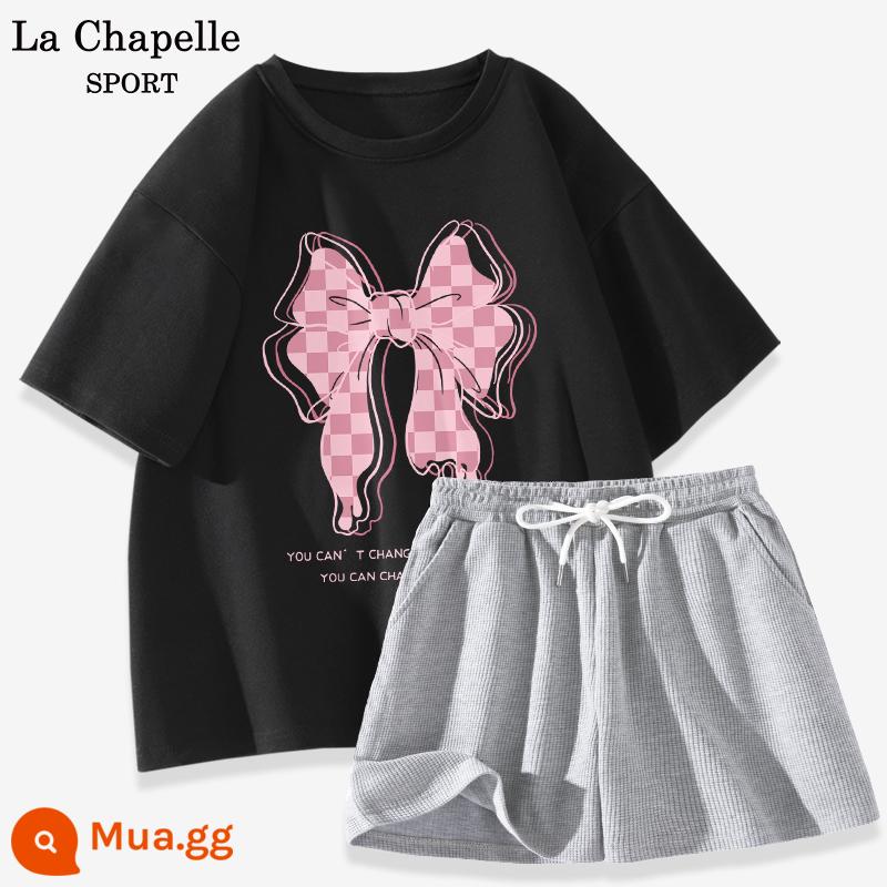 Bộ đồ thể thao La Chapelle nữ 2023 cotton mùa hè mới quần đùi ngắn tay giản dị bộ đồ hai mảnh giảm tuổi X - Đen (nơ lớn màu hồng) + xám gai dầu (trống)