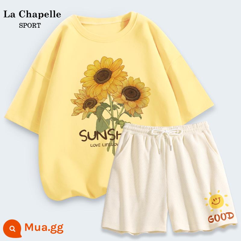 Bộ đồ thể thao La Chapelle nữ mùa hè rộng rãi sinh viên cotton áo thun ngắn tay bánh quế quần đùi hai mảnh mùa hè X - Màu vàng ngỗng (hướng dương) + trắng sữa (chỉ số phía trước bên trái quần tia nắng)