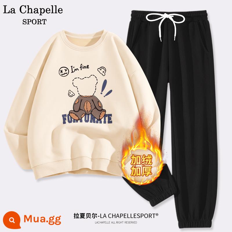 La Chapelle Bộ Đồ Thể Thao Nữ 2023 Mới Thu Đông Sinh Viên Cổ Tròn Và Nhung Quần Âu Bộ 2 W - [Plus nhung] Trắng sữa (gấu trống) + đen (màu trơn)