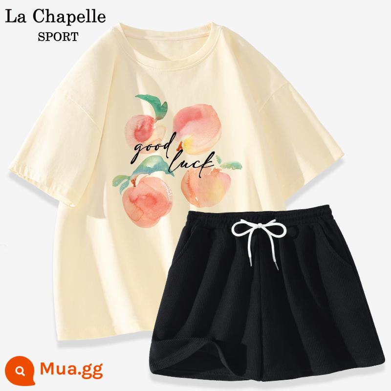 Bộ đồ thể thao La Chapelle nữ 2023 cotton mùa hè mới quần đùi ngắn tay giản dị bộ đồ hai mảnh giảm tuổi X - Màu trắng sữa (đào) + đen (trống)