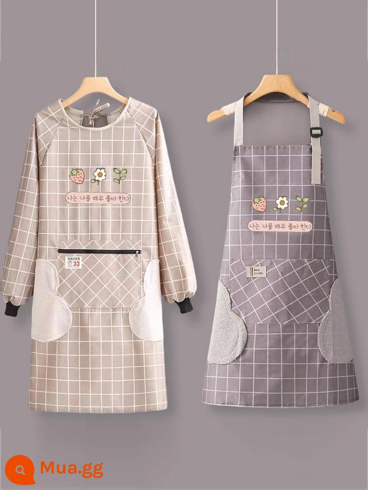 Bếp Mới Tạp Dề Nấu Ăn Nữ Chống Thấm Nước Và Chống Dầu Nhà Lau Tay Coverall Treo Cổ Người Lớn Làm Quần Áo Yếm - Tạp dề chống nước kẻ sọc màu xám (tay áo dài + cổ treo)