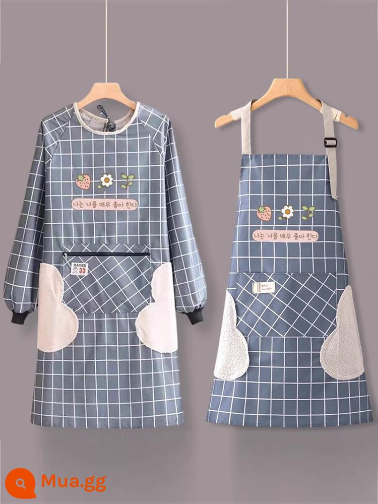 Bếp Mới Tạp Dề Nấu Ăn Nữ Chống Thấm Nước Và Chống Dầu Nhà Lau Tay Coverall Treo Cổ Người Lớn Làm Quần Áo Yếm - Tạp dề chống nước kẻ sọc màu xanh khói (tay áo dài + cổ treo)