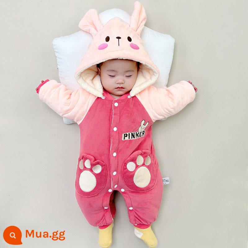 Bộ áo liền quần mùa đông cho bé quần áo cotton dày chần bông ấm rompers đi chơi quần áo cotton quần áo mùa đông Plus nhung bộ quần áo chúc mừng năm mới - Thỏ đỏ hồng cộng với hoa hồng đỏ nhung