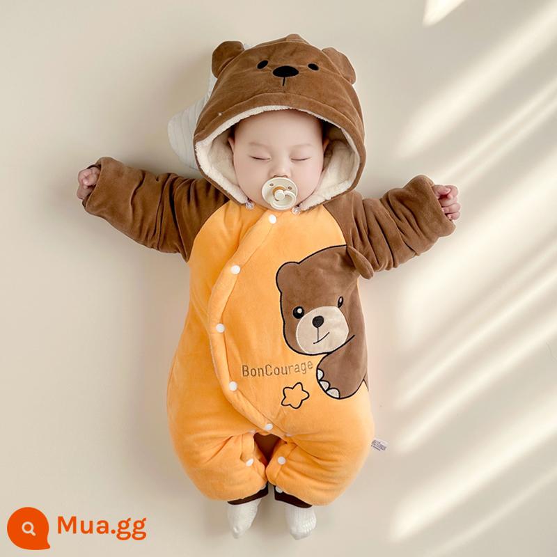 Bộ áo liền quần mùa đông cho bé quần áo cotton dày chần bông ấm rompers đi chơi quần áo cotton quần áo mùa đông Plus nhung bộ quần áo chúc mừng năm mới - Gấu nâu cộng với nâu nhung