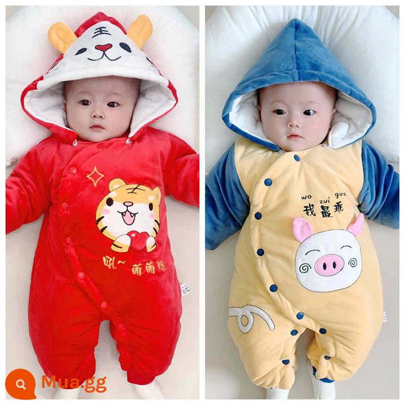 Bộ áo liền quần mùa đông cho bé quần áo cotton dày chần bông ấm rompers đi chơi quần áo cotton quần áo mùa đông Plus nhung bộ quần áo chúc mừng năm mới - Chú hổ nhỏ + chú lợn con