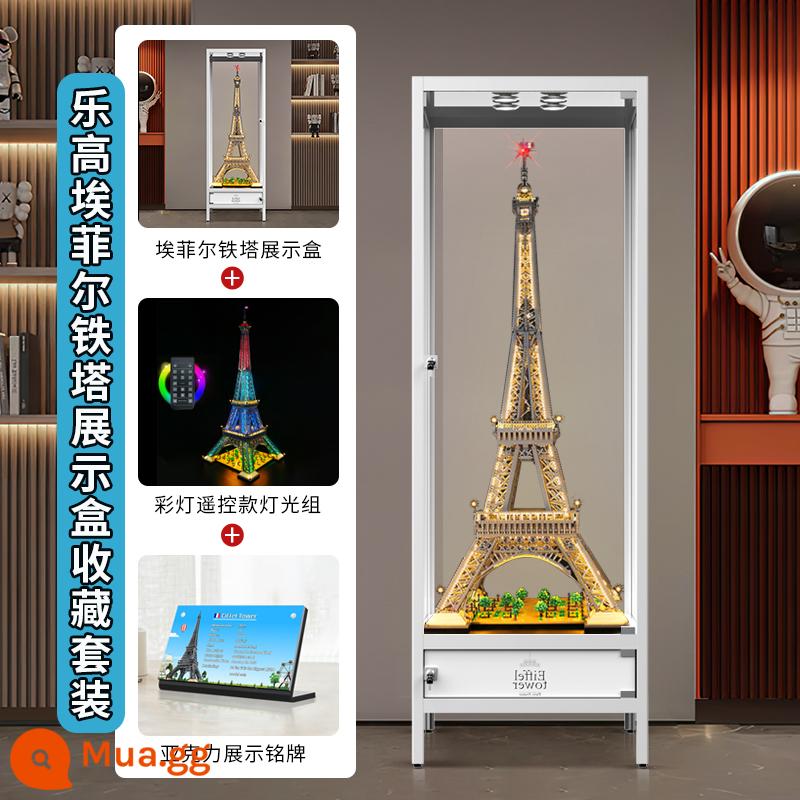 LYB thích hợp cho Lego 10307 Paris Tháp Eiffel hộp trưng bày acrylic trong suốt đèn LED DIY - Tủ trưng bày tháp sắt trắng (mặt sau trong suốt) + điều khiển từ xa đèn lồng + bảng tên