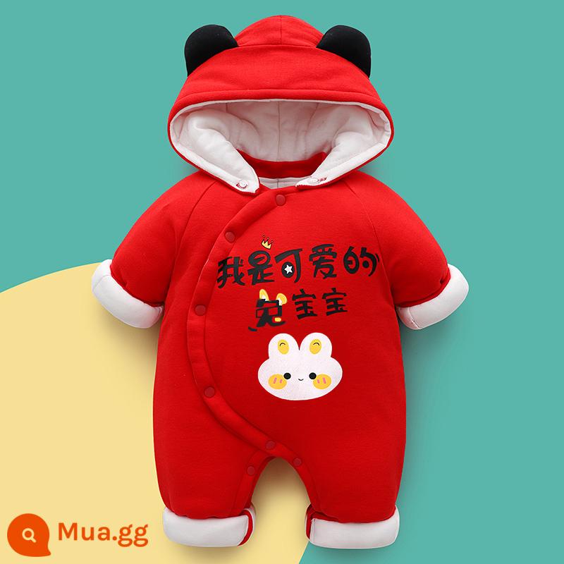 Bộ áo liền quần sơ sinh thu đông đi chơi dày cộp Chúc Tết quần áo cotton quần áo thu đông nam bé nữ quần áo Tết - Áo hoodie thỏ đỏ