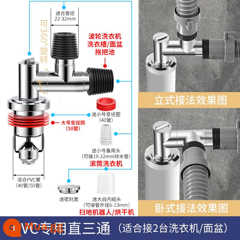 Songhua ống thoát nước sàn máy giặt đầu nối thoát nước đường ống thoát nước chống mùi hôi hiện vật chống tràn phòng trang điểm tee bìa - [Khử mùi ống cống 40/50] tee thẳng hoàn toàn bằng đồng (nối với 2 máy giặt hoặc chậu rửa)