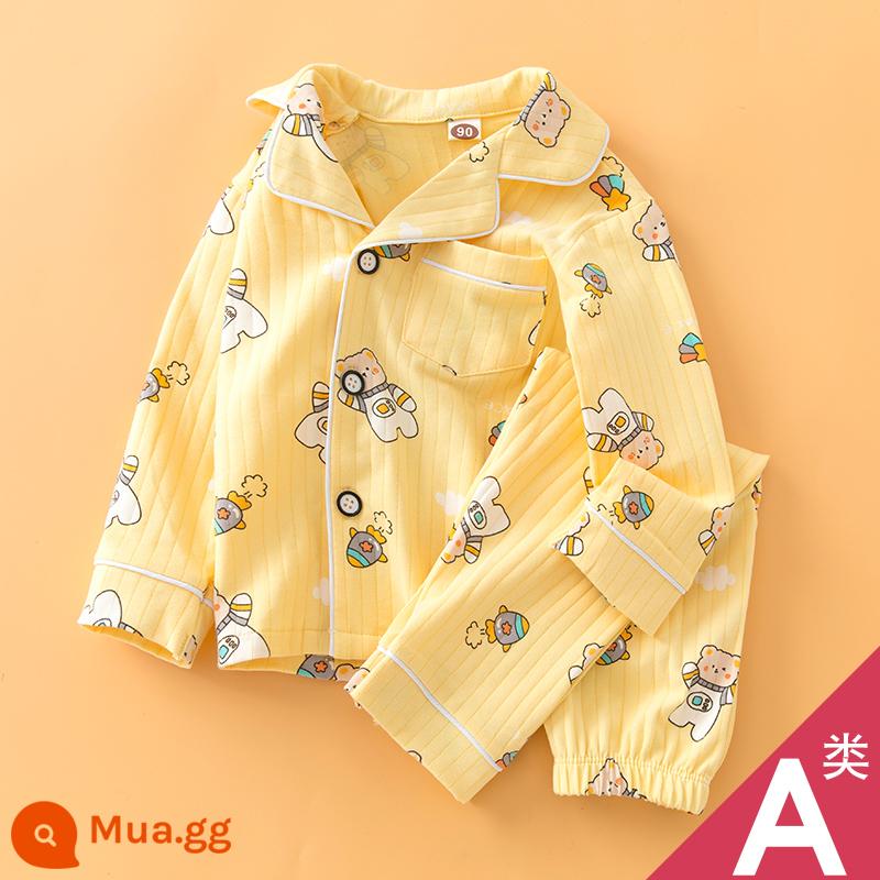 Bộ Đồ Ngủ Trẻ Em Bé Trai Xuân Thu Bé Nhà Bộ Quần Áo Mùa Thu Lớp A Trẻ Em Nguyên Chất Cotton Tay Dài Bé Trai cotton - Gấu Rocket Cotton-Cardigan màu vàng khỏe mạnh