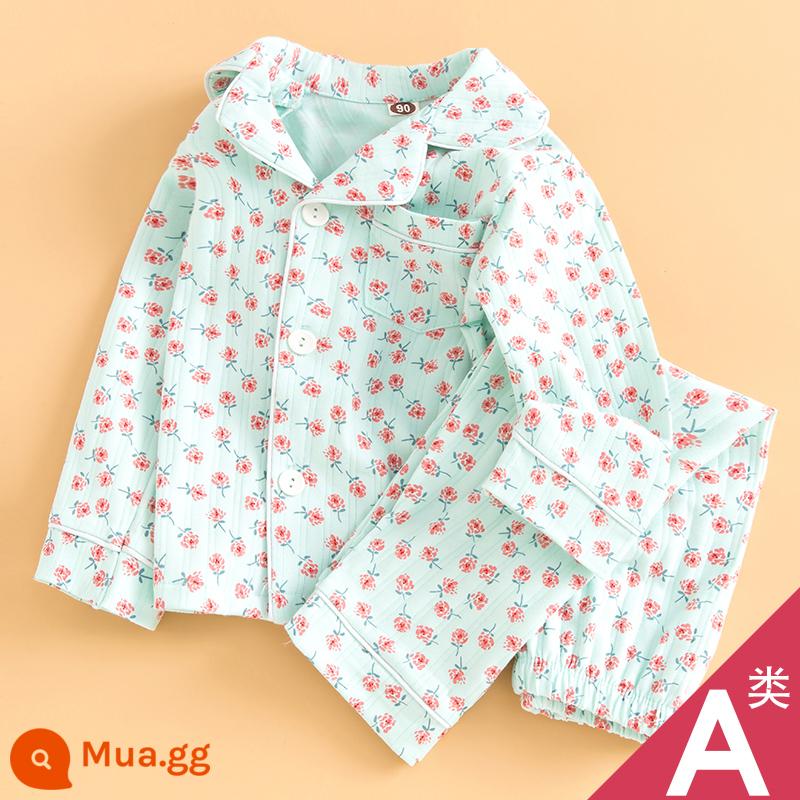 Bộ Đồ Ngủ Trẻ Em Bé Trai Xuân Thu Bé Nhà Bộ Quần Áo Mùa Thu Lớp A Trẻ Em Nguyên Chất Cotton Tay Dài Bé Trai cotton - Áo len đan cotton khỏe khoắn nền xanh và hoa nhỏ