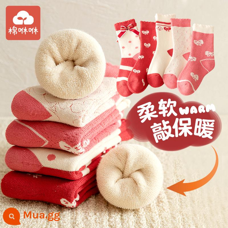 Vớ bé gái cotton nguyên chất mùa thu và mùa đông vớ giữa ống cho bé vớ cotton dày mùa đông vớ trẻ em vớ bé gái mùa xuân và mùa thu vớ trẻ em - Nơ tình yêu-5 cặp [vòng dày và sang trọng]